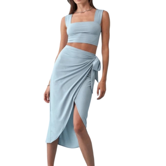 Reformation Dresses & Skirts - REFORMATION Rika Two Piece Light Blue Wrap Skirt Dress Women’s Sz Med